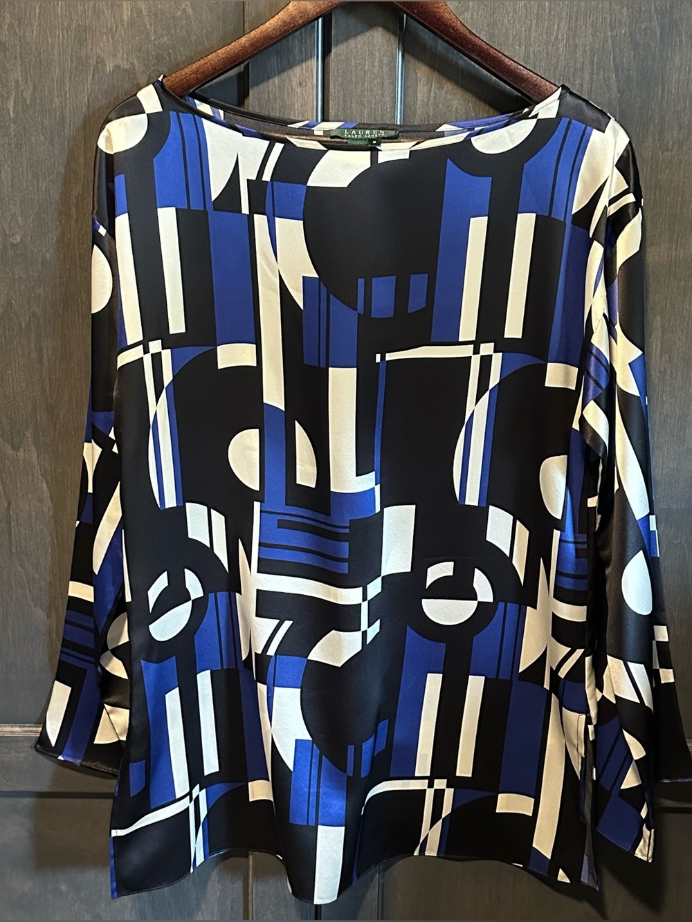 Lauren Ralph Lauren Blue Black & Cream Geometric 100 % Silk Long Sleeve Blouse